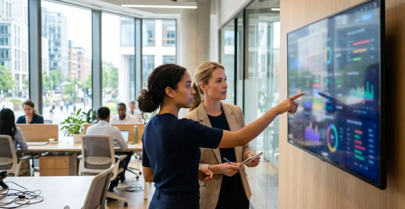 Two call center agents viewed from behind reviewing performance metrics on a shared monitor in a modern office