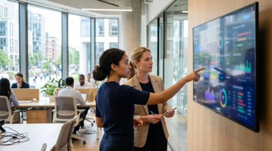 Two call center agents viewed from behind reviewing performance metrics on a shared monitor in a modern office