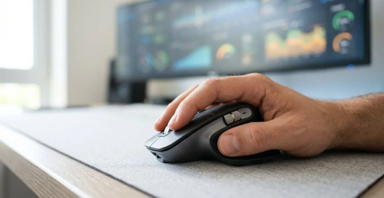Extreme close-up of a hand using a computer mouse on a clean modern desk with softly blurred dashboard metrics in the background