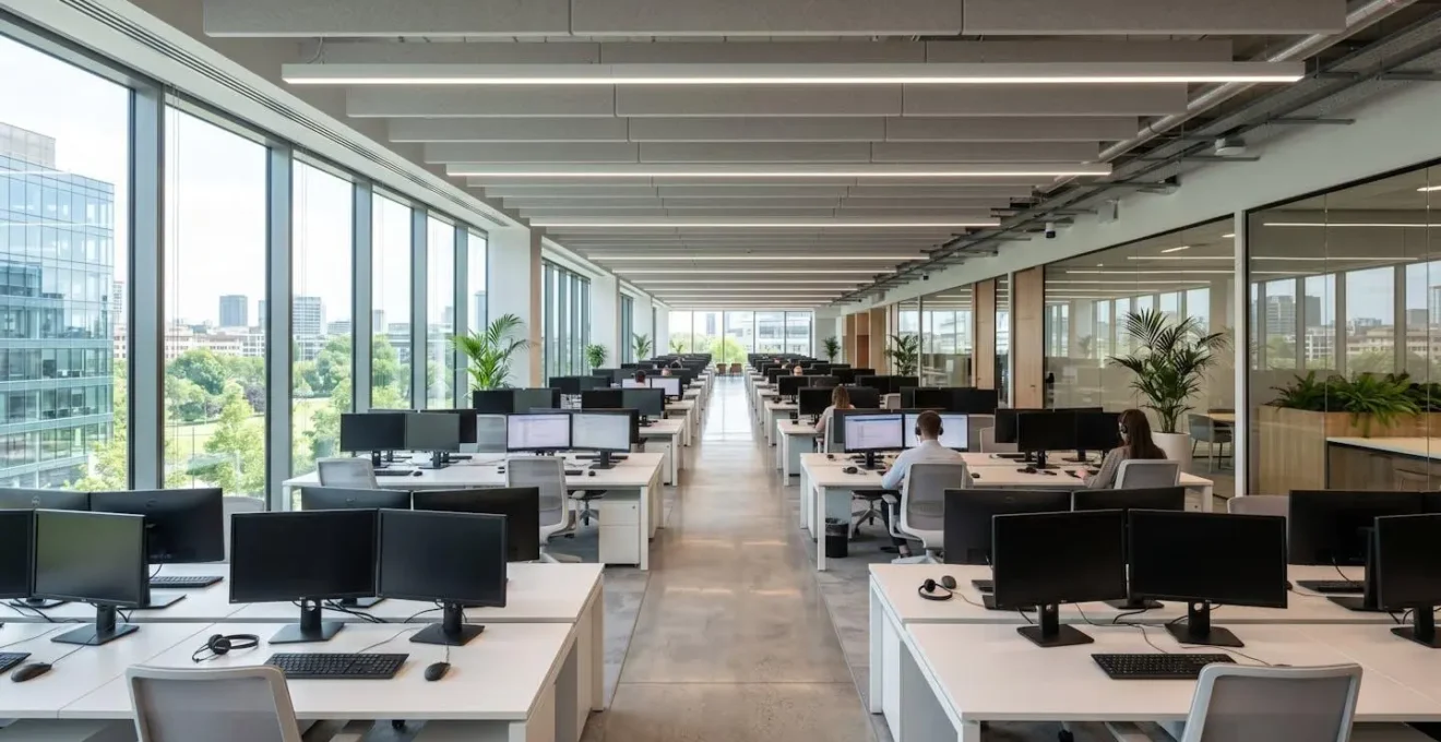 Wide angle view of a contemporary call center interior with clean rows of desks and monitors, flooded with natural light from large windows, no people visible